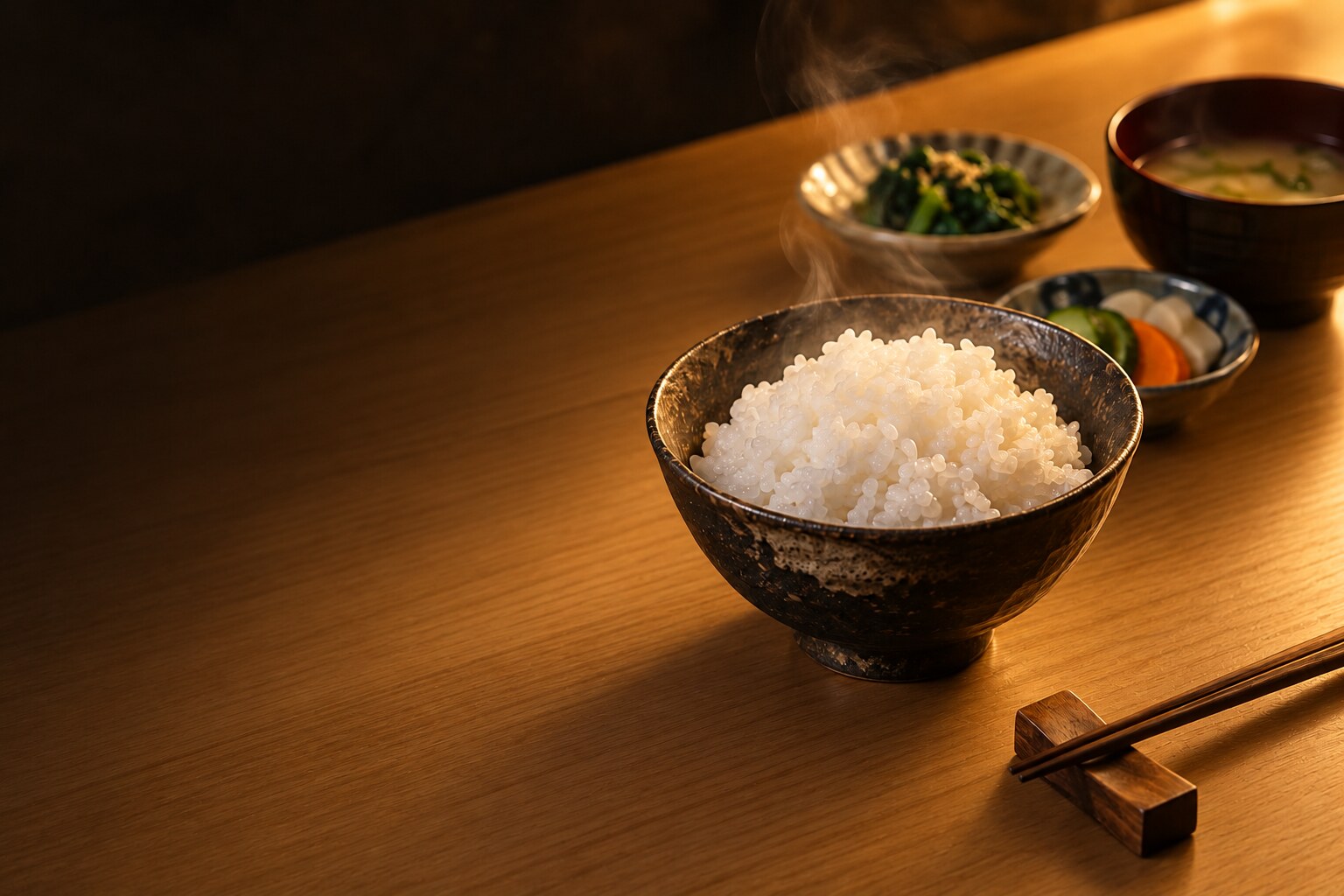 温かな灯りに包まれたごはんと小鉢
