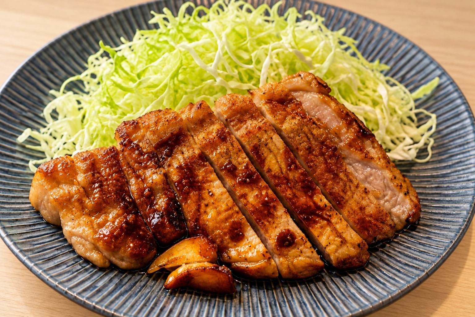 キャベツを添えた、焼き色のついたお肉料理